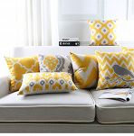 Nowoczesne żółte poduszki dekoracyjne na kanapę i na krzesła, wzory Etno, Ikat, Maroko, ludowe, ptak i inne.