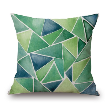 Zielona poduszka dekoracyjna niebieska w geometryczny wzór trójkąty egzotyczna tropikalna zieleń butelkowa nowoczesna design na krzesło na kanapę